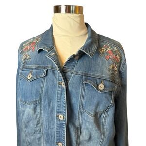 CJ Banks Plus Denim Jean Jacket Floral Embroidery 3X Boho Artsy Festival